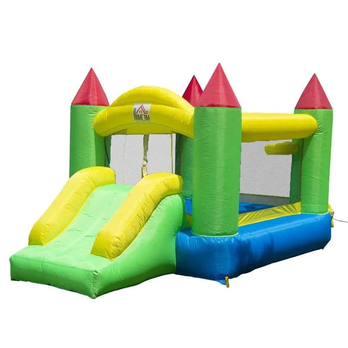 Multi-colour inflatable bouncy castle with slide, for indoor and outdoor kids' play