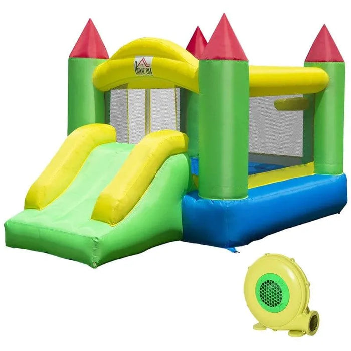 Multi-colour bouncy castle with slide and blower for indoor or outdoor kids entertainment