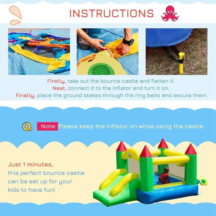 Colorful bouncy castle with slide, setup instructions, and child playing, suitable for kids.