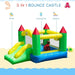 Multi-colour inflatable bouncy castle with slide, basketball hoop, and trampoline for kids