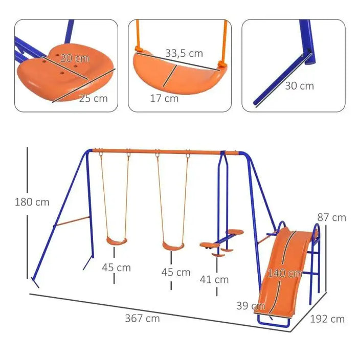 Multi-coloured swing set for 5 kids with glider, slide, frame dimensions and seat sizes shown
