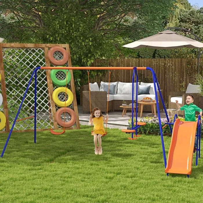 Multi-coloured kids swing set with slide, glider and outdoor seating in garden