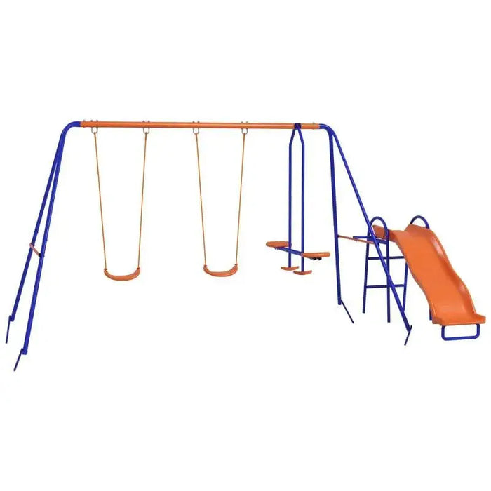 Multi-coloured swing set with two swings, glider, and orange slide for kids