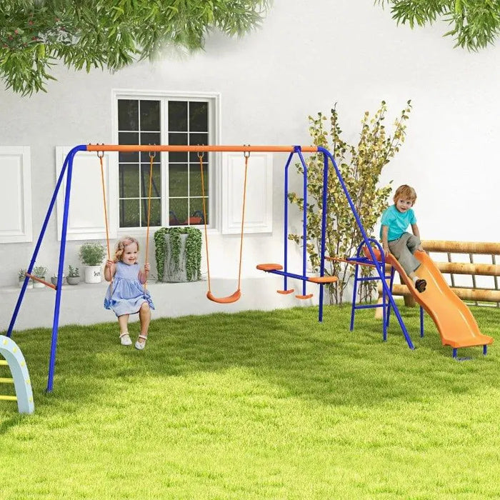 Multi-coloured swing set with glider and slide for kids in a backyard garden