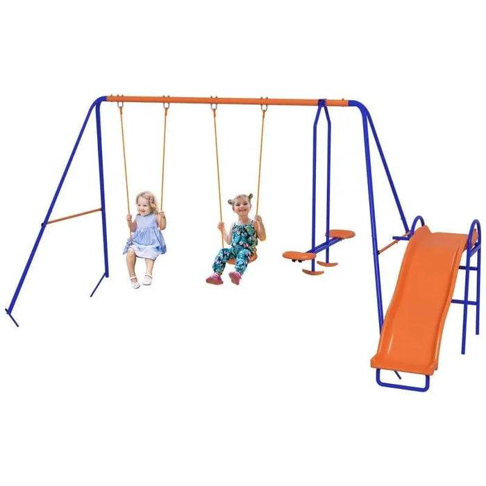 Multi-coloured swing set for kids with glider, two swings, and orange slide