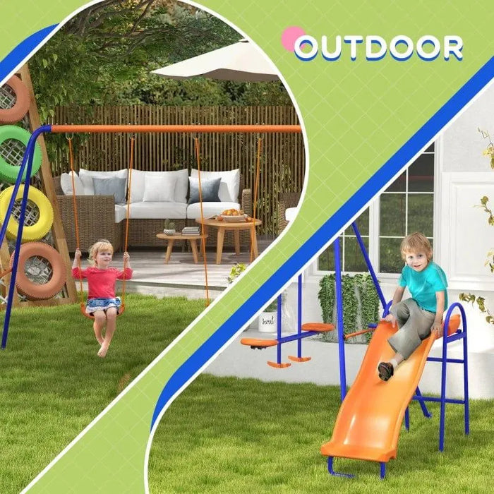 Multi-coloured swing set with slide, glider, kids playing outdoors on grass