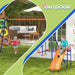 Multi-coloured swing set with slide, glider, kids playing outdoors on grass