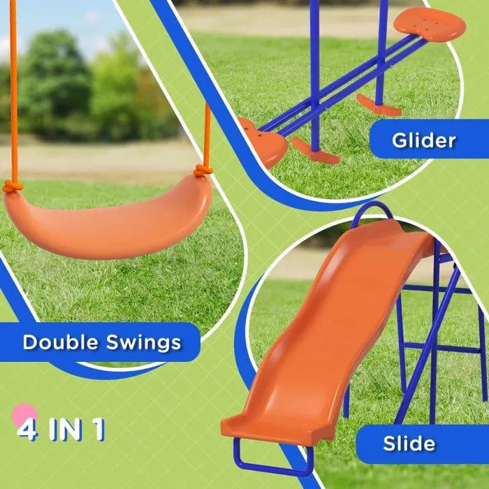 Multi-coloured swing set for kids with slide, double swings, and glider seats on grass