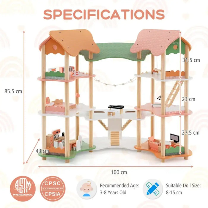 Multi-Functional Dollhouse | 3 Tiers with 7 Specialised Rooms - Little and Giant Explorers Costway