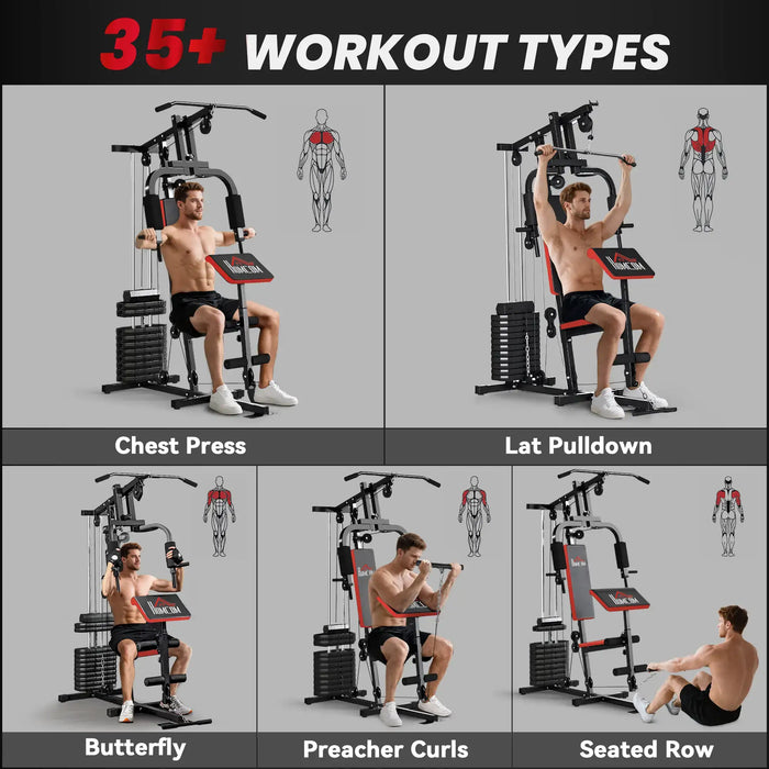 Workout machine with various exercises demonstrated on a gray background