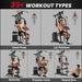 Workout machine with various exercises demonstrated on a gray background