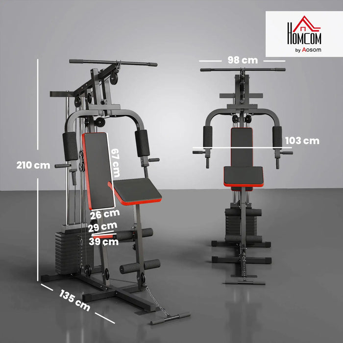 Home gym equipment with dimensions labeled on a gray background, featuring the Homcom brand.