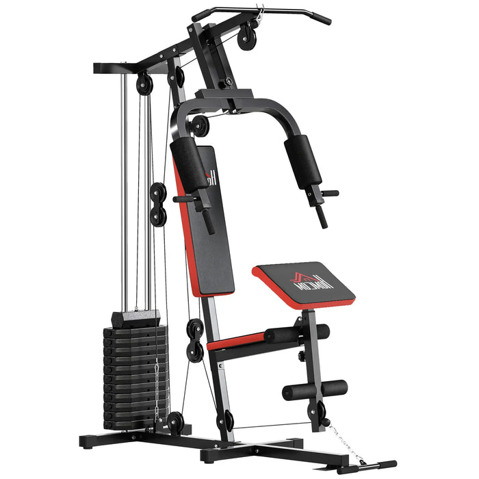 Home gym equipment with black and red design on a white background