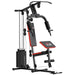 Home gym equipment with black and red design on a white background