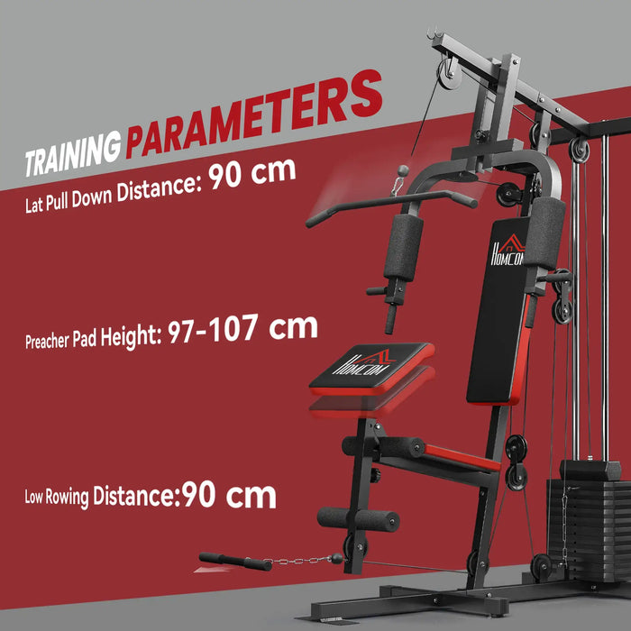 Multigym machine with training parameters on a red background