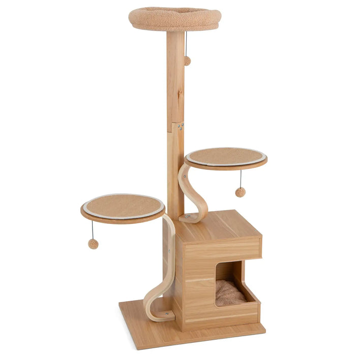Multi-Layer Cat Activity Center 129cm | Wooden Cat Tree with Oak Wood Post - Little and Giant Explorers Costway