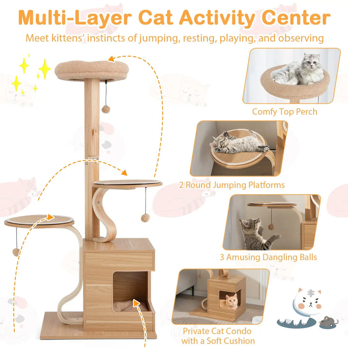Multi-Layer Cat Activity Center 129cm | Wooden Cat Tree with Oak Wood Post - Little and Giant Explorers Costway