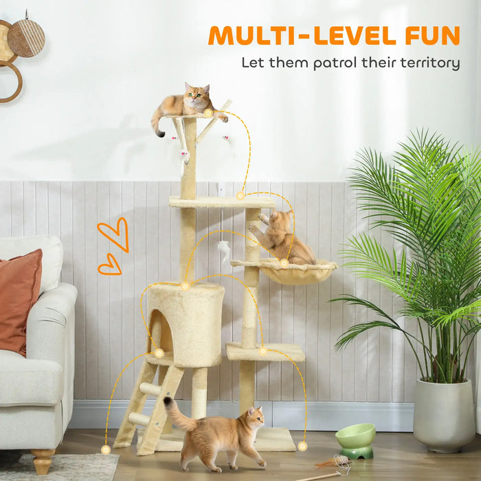 Multi-level beige cat tree with three ginger cats playing and lounging in a cozy living room