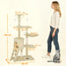 Beige multi-level cat tree with platforms, hanging toys, and ladder, standing 134cm tall next to woman and cat