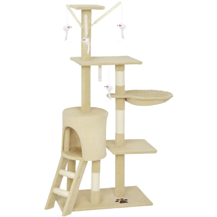 Beige multi-level cat tree with playhouse, ladder, scratching posts, hanging toy mice, and perch
