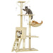 Beige multi-level cat tree with three cats playing and resting, including hanging mouse toys