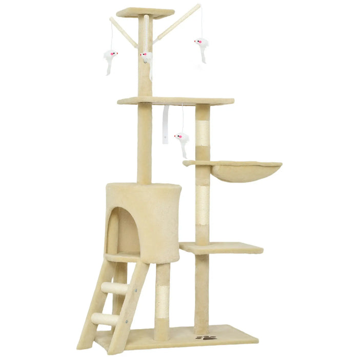 Beige multi-level cat tree with scratching posts, ladder, hanging mouse toys, hammock, and cozy condo