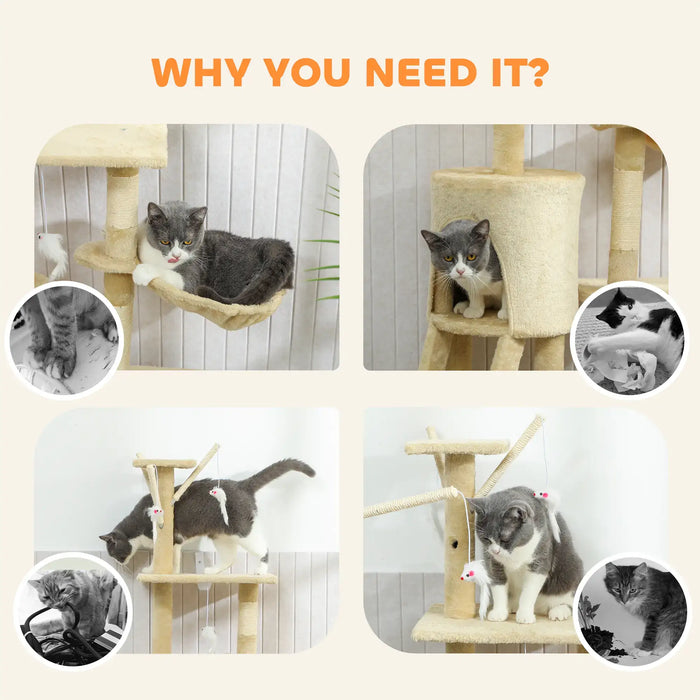 Gray and white cat using beige multi-level cat tree with hanging mouse toys for scratching and playing