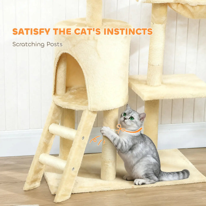 Gray cat with green eyes scratching beige carpeted cat tree with ladder in room