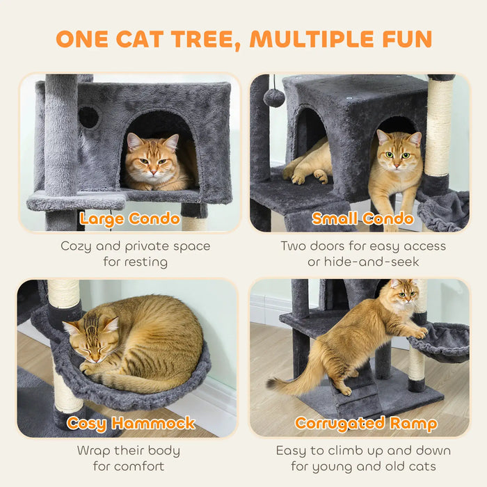 Multi-Level Cat Tree – Dark Grey | 140cm Cat Tower - Hammock and Dual Cat Houses PAWHUT - Little and Giant Explorers PawHut