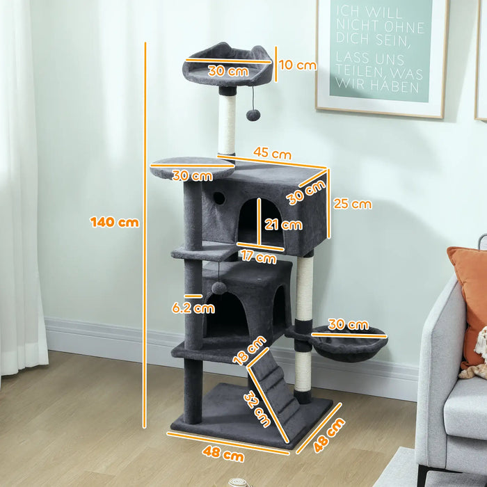 Multi-Level Cat Tree – Dark Grey | 140cm Cat Tower - Hammock and Dual Cat Houses PAWHUT - Little and Giant Explorers PawHut