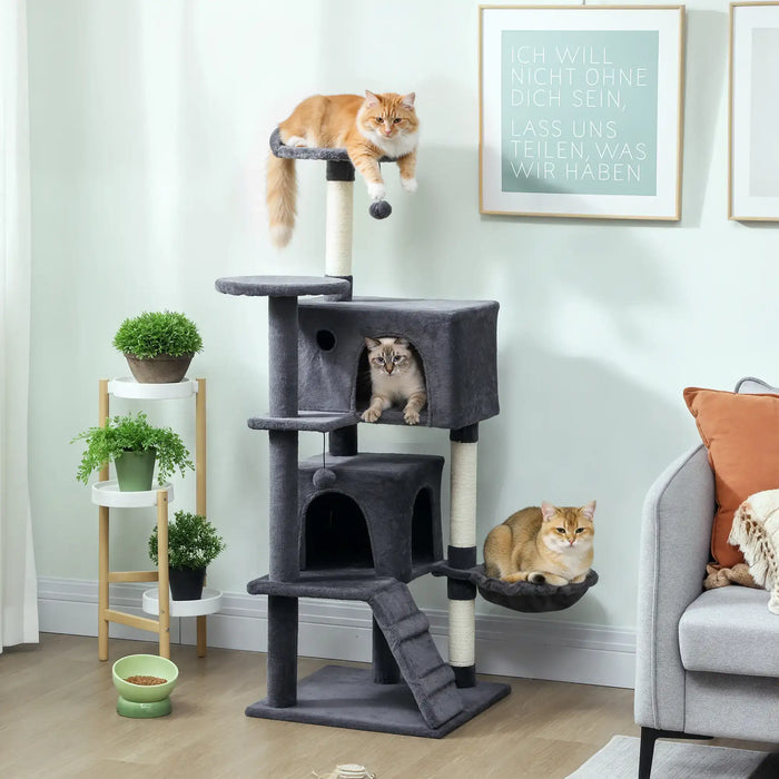 Multi-Level Cat Tree – Dark Grey | 140cm Cat Tower - Hammock and Dual Cat Houses PAWHUT - Little and Giant Explorers PawHut