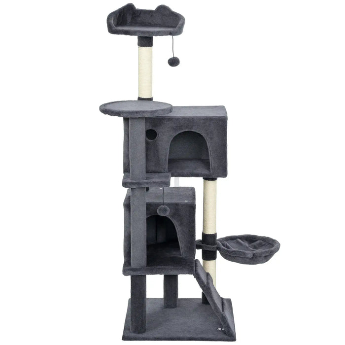 Multi-Level Cat Tree – Dark Grey | 140cm Cat Tower - Hammock and Dual Cat Houses PAWHUT - Little and Giant Explorers PawHut