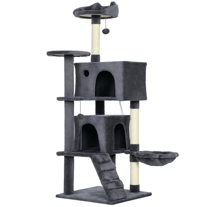 Multi-Level Cat Tree – Dark Grey | 140cm Cat Tower - Hammock and Dual Cat Houses PAWHUT - Little and Giant Explorers PawHut