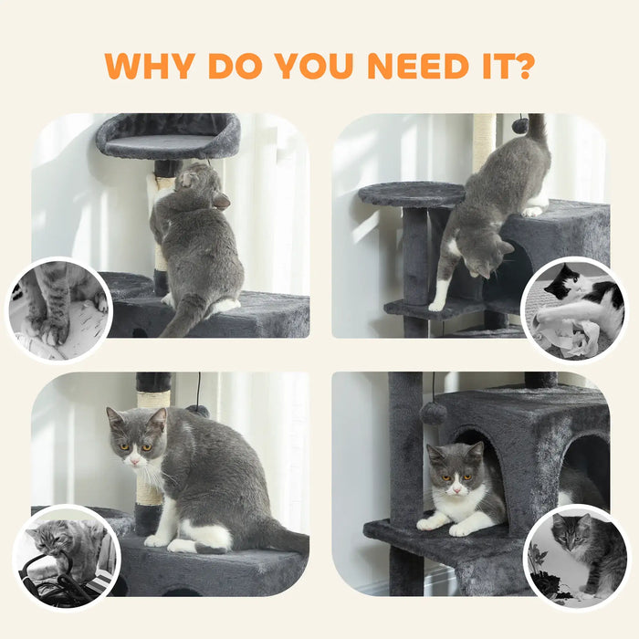 Multi-Level Cat Tree – Dark Grey | 140cm Cat Tower - Hammock and Dual Cat Houses PAWHUT - Little and Giant Explorers PawHut