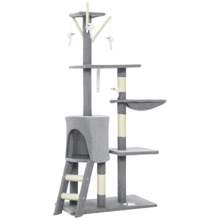 Gray multi-level cat tree with sisal scratching posts, hanging toys, hammock, and ladder