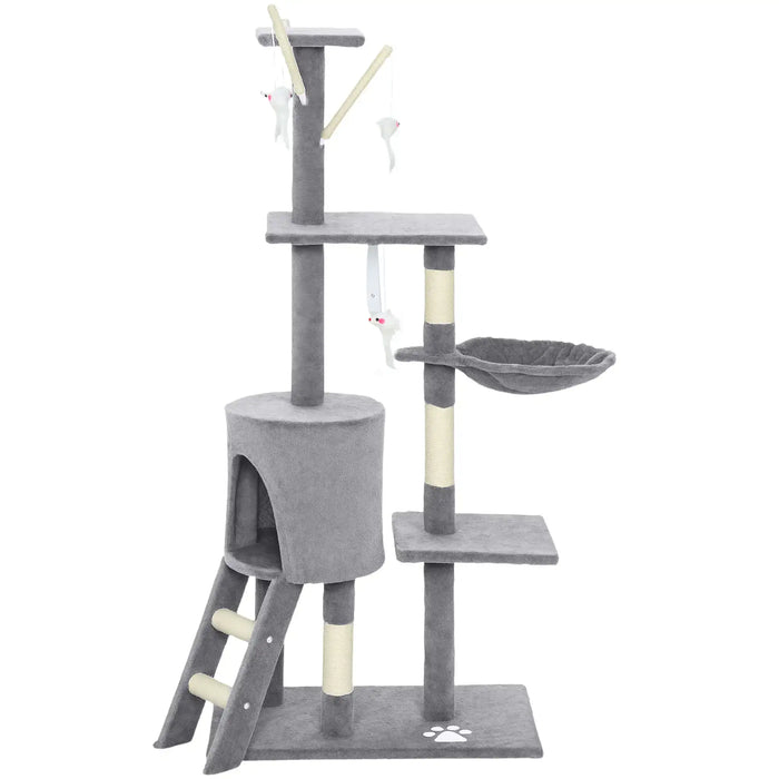 Gray multi-level cat tree with sisal-wrapped scratching posts, cozy condo, ladder, and hanging toy mice