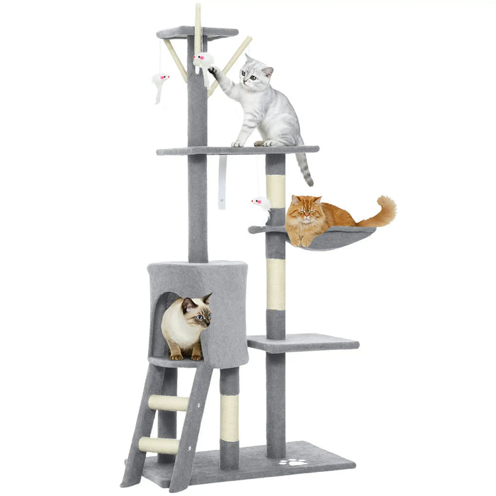 Gray multi-level cat tree with three cats playing and resting on different platforms