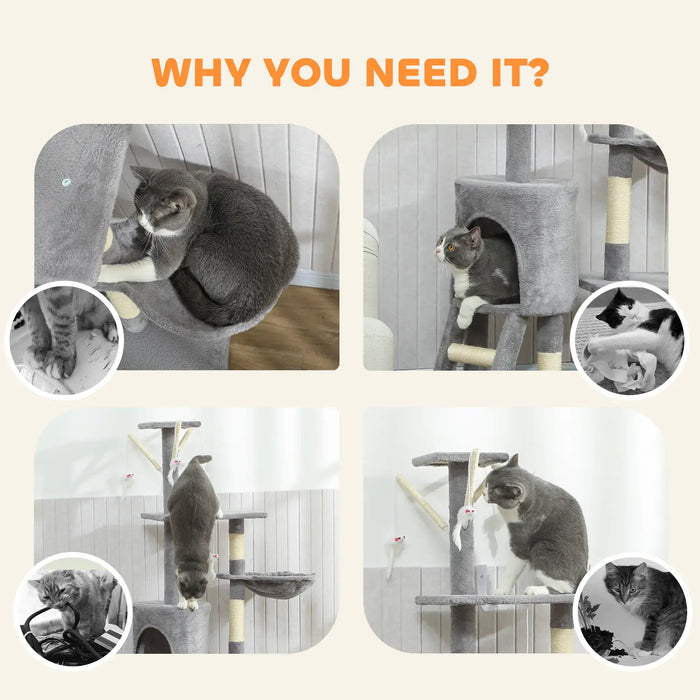 Gray and white cats playing and resting on a multi-level gray cat tree with scratching posts