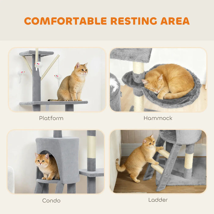Orange cat using a gray cat tree featuring platform, hammock, condo, and ladder resting areas