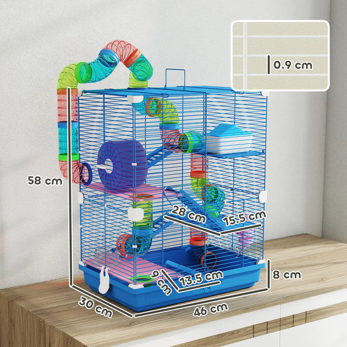 Blue small pet cage with colorful tubes and exercise wheel, detailed size measurements