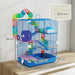 Blue small pet cage with colorful tubes and exercise wheel, detailed size measurements
