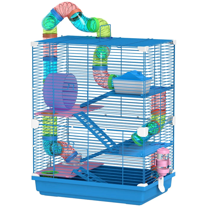 Blue small pet cage with multicolor plastic tubes, exercise wheel, ramps, and pink water bottle