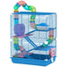 Blue small pet cage with multicolor plastic tubes, exercise wheel, ramps, and pink water bottle