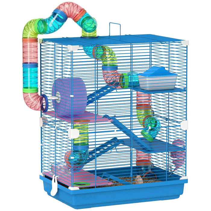 Blue multi-level hamster cage with colorful tunnels, exercise wheel, and small pet inside