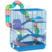 Blue multi-level hamster cage with colorful tunnels, exercise wheel, and small pet inside