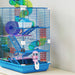 Blue wire hamster cage with colorful plastic tunnels, exercise wheel, water bottle, and platforms