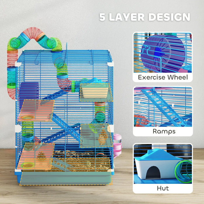 Colorful 5-layer small pet cage with tubes, exercise wheel, ramps, and a hut on a wooden floor