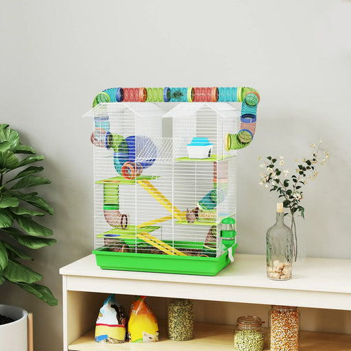 Multi-Level Hamster Cage with Tubes – Green | Starter Kit with Wheel and Ladders PAWHUT - Little and Giant Explorers PawHut