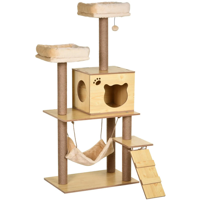 Multi-Level Plush Cat Tower with Five Scratching Posts and Hammock 130cm - Little and Giant Explorers PawHut