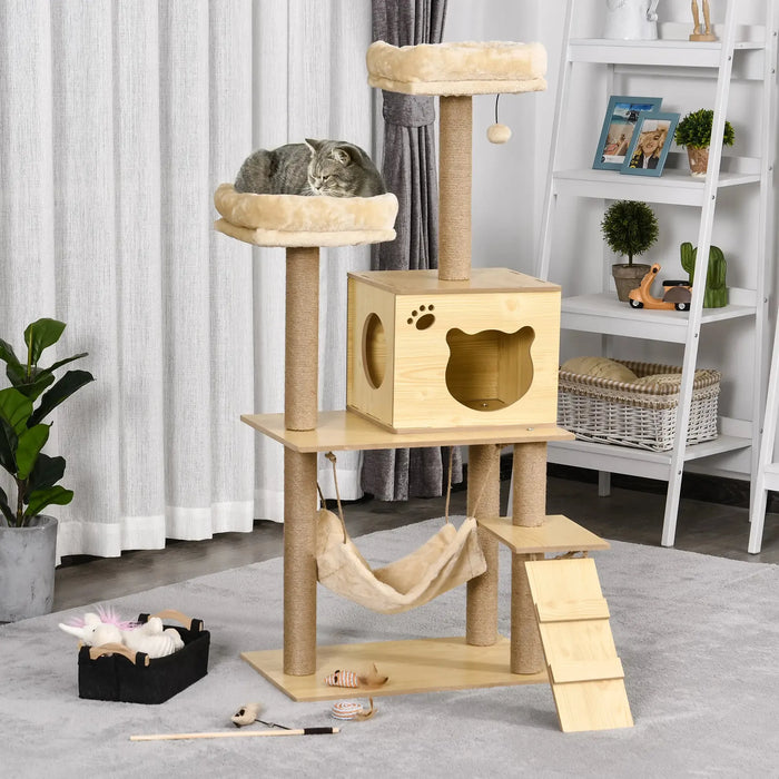 Multi-Level Plush Cat Tower with Five Scratching Posts and Hammock 130cm - Little and Giant Explorers PawHut